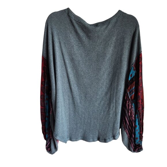 Free People Sweater Large Teal Green Blue Women's Mixed Media Top Boho Shirt - Picture 7 of 9